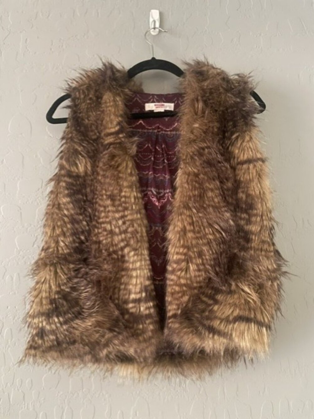 Mossimo Brown Faux Fur Vest S Purple Southwestern Lining Bohemian w/Hood S